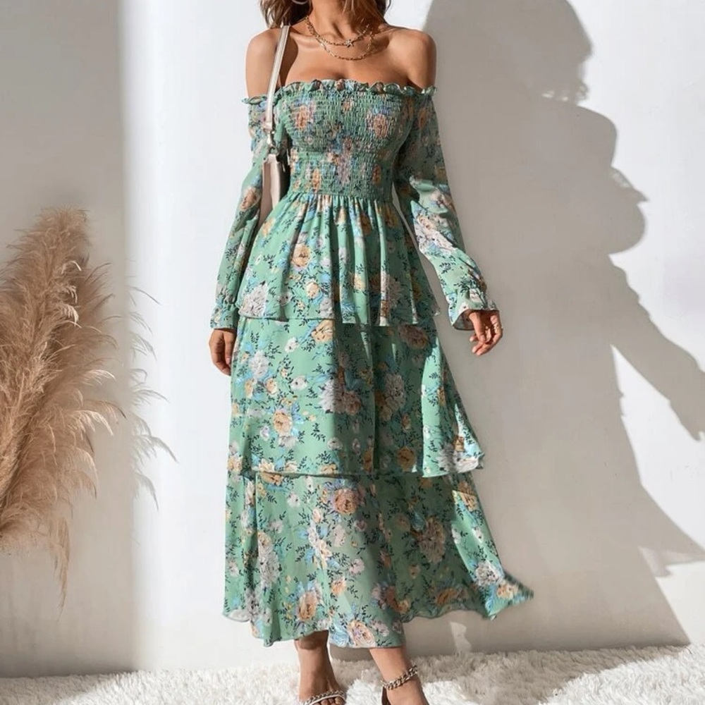 SHEIN Mulvari Allover Floral Print Off The Shoulder Shirred Layered Hem Dress